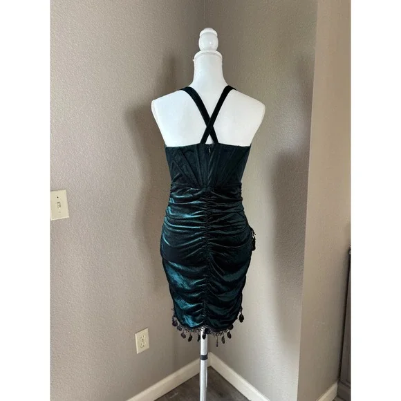 Emerald Green Velvet Star Sequin Ruched Mini Dress Halter Tassel Fringe - Picture 3 of 8